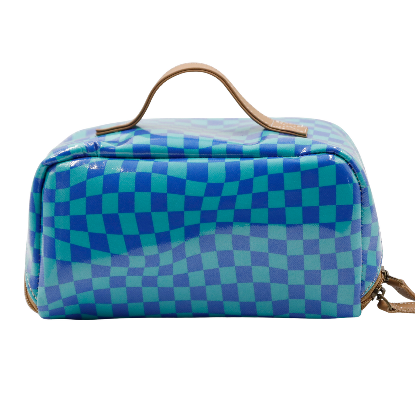 Large Cosmetic Bag - Warped Check Aqua