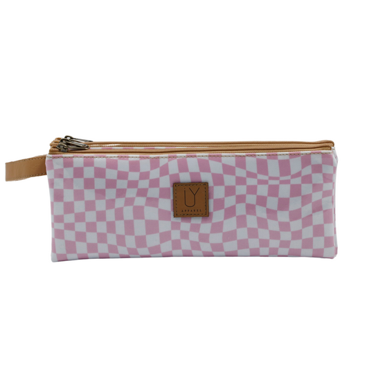 3 Zip Pencil Case - Warped Check Pink