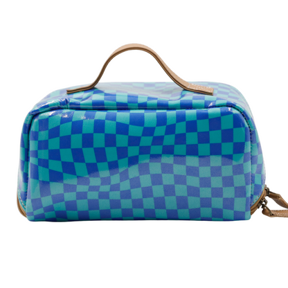 Large Cosmetic Bag - Warped Check Aqua