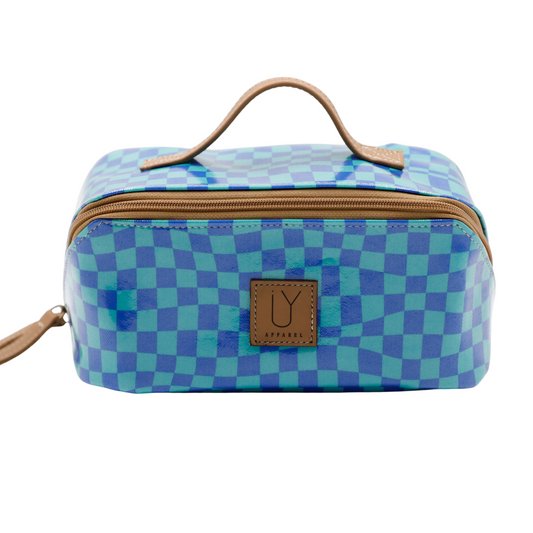 Large Cosmetic Bag - Warped Check Aqua