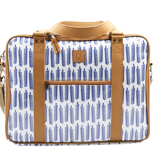 Overnight Bag with Leather Handles - Leaves Blue