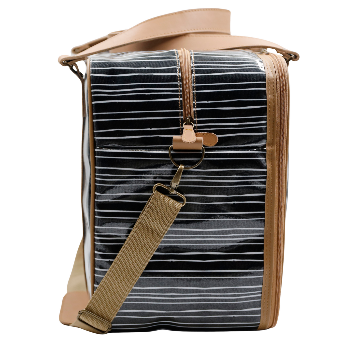 Overnight Bag with Leather Handles - Stripe Black and White
