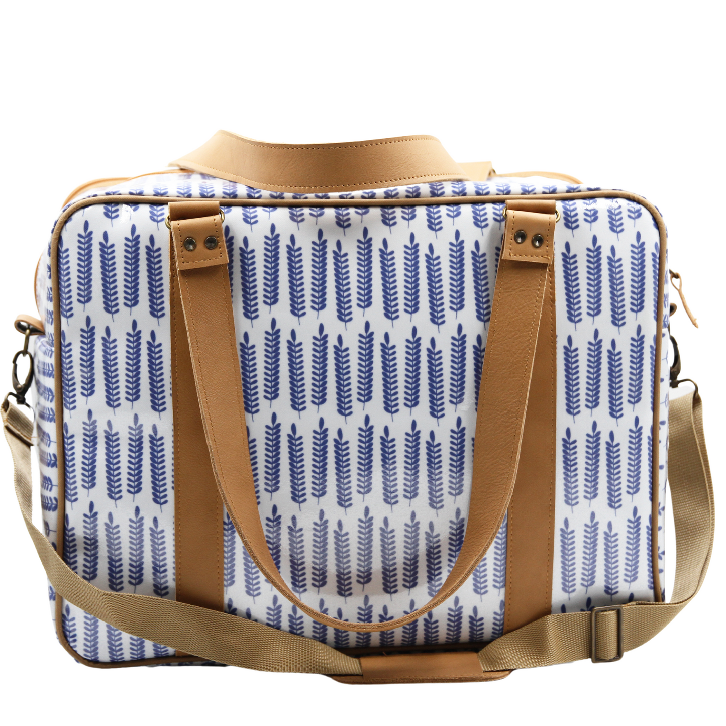 Overnight Bag with Leather Handles - Leaves Blue