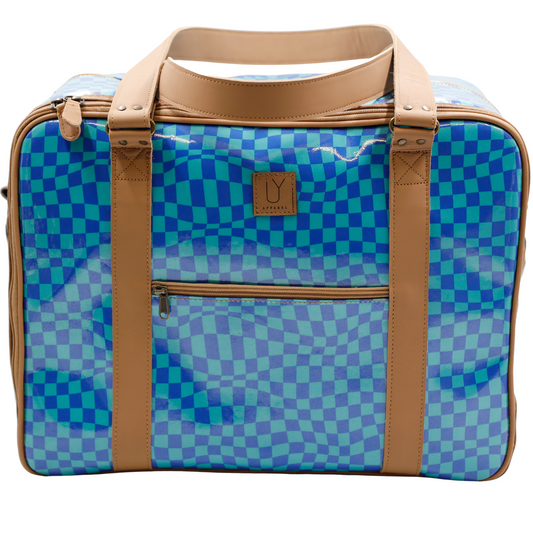 Overnight Bag with Leather Handles - Warped Check Aqua
