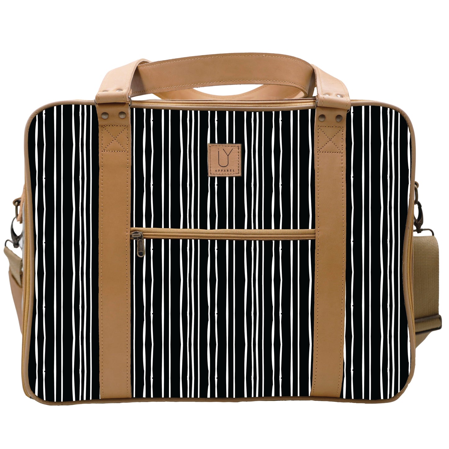 Overnight Bag with Leather Handles - Stripe Black and White