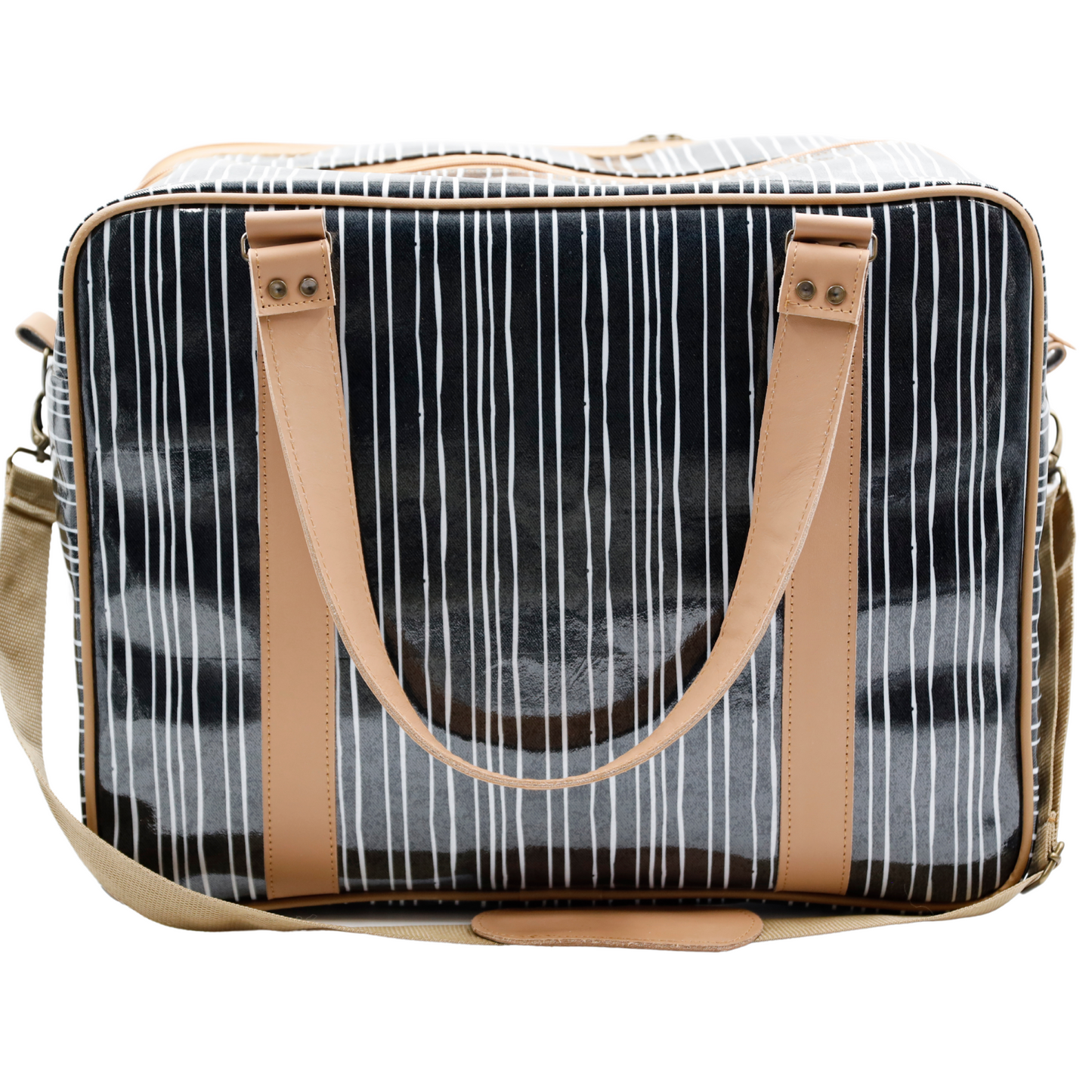 Overnight Bag with Leather Handles - Stripe Black and White