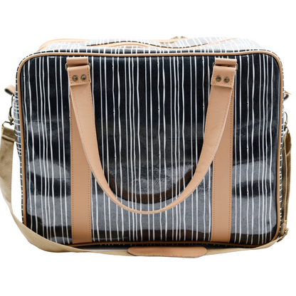 Overnight Bag with Leather Handles - Stripe Black and White