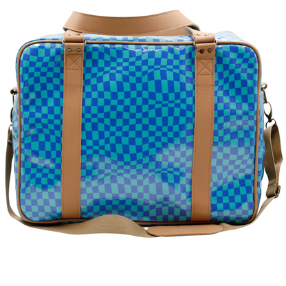 Overnight Bag with Leather Handles - Warped Check Aqua